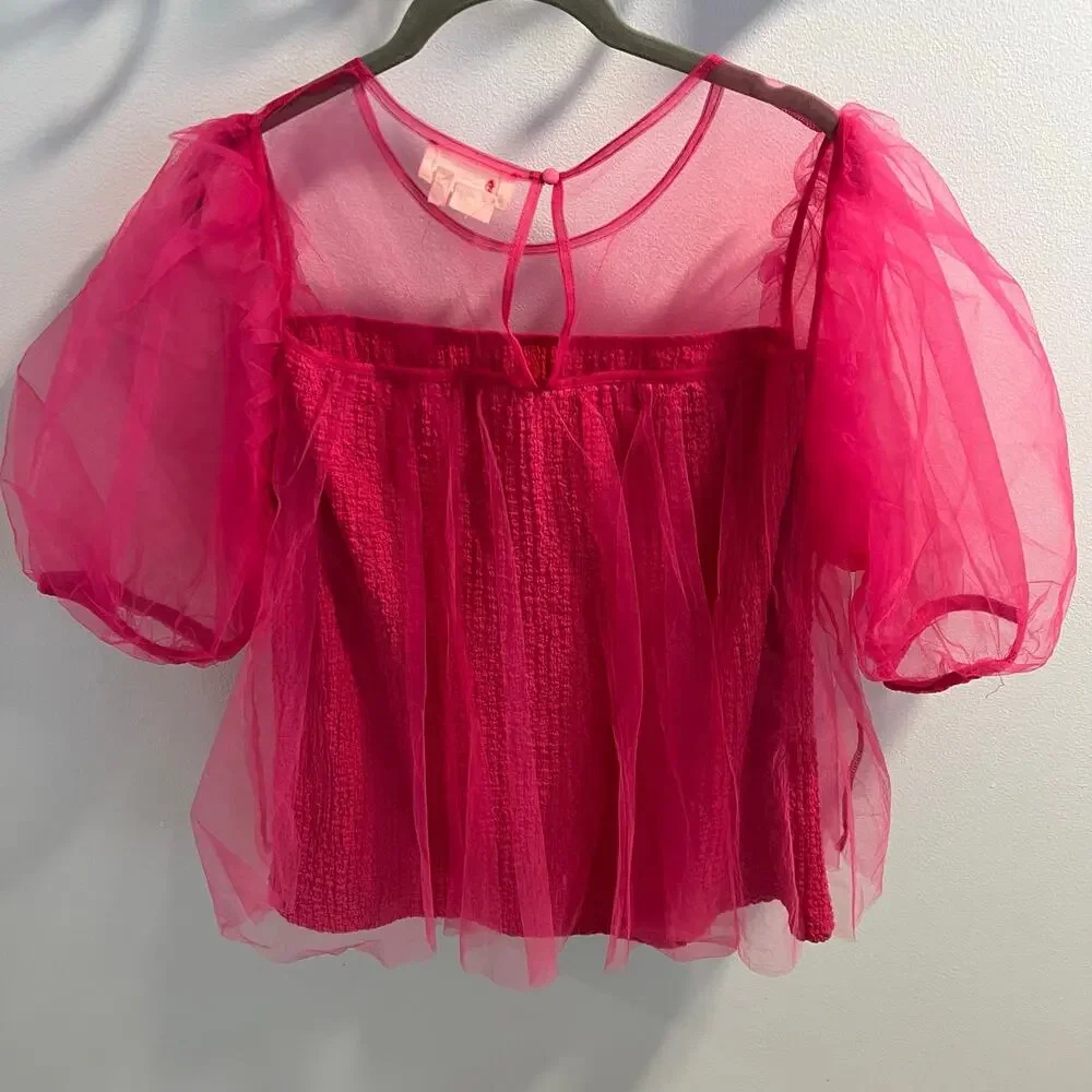 Anthropologie Pink Sheer Puff-Sleeve Top Size L - Picture 5 of 7